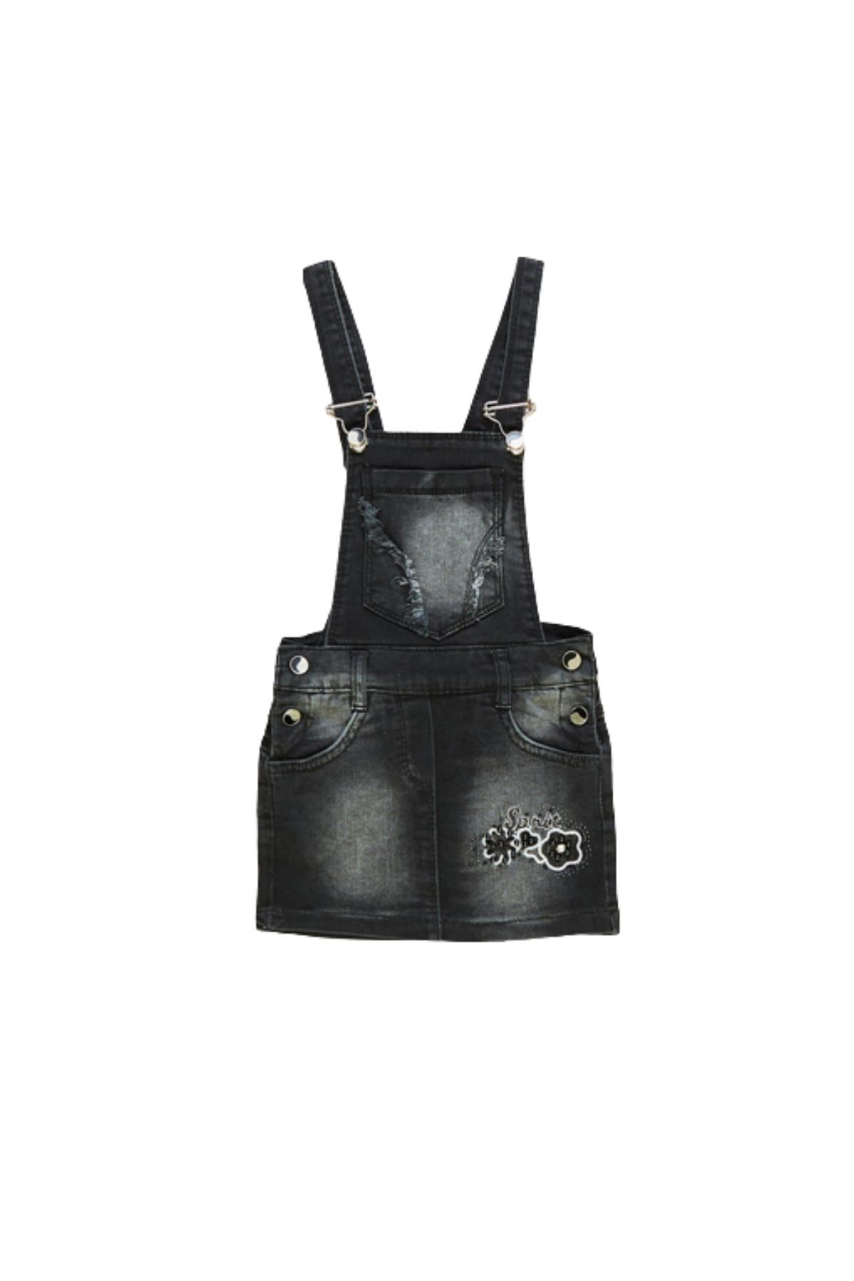 Pundikids Kız Çocuk Yıpratma Nakışlı Kot Salopet Siyah - 4 - 5 YAŞ