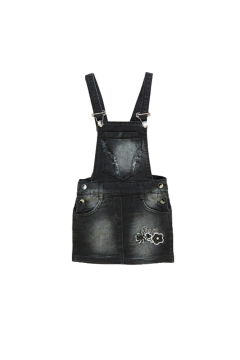 Pundikids Kız Çocuk Yıpratma Nakışlı Kot Salopet Siyah - 4 - 5 YAŞ