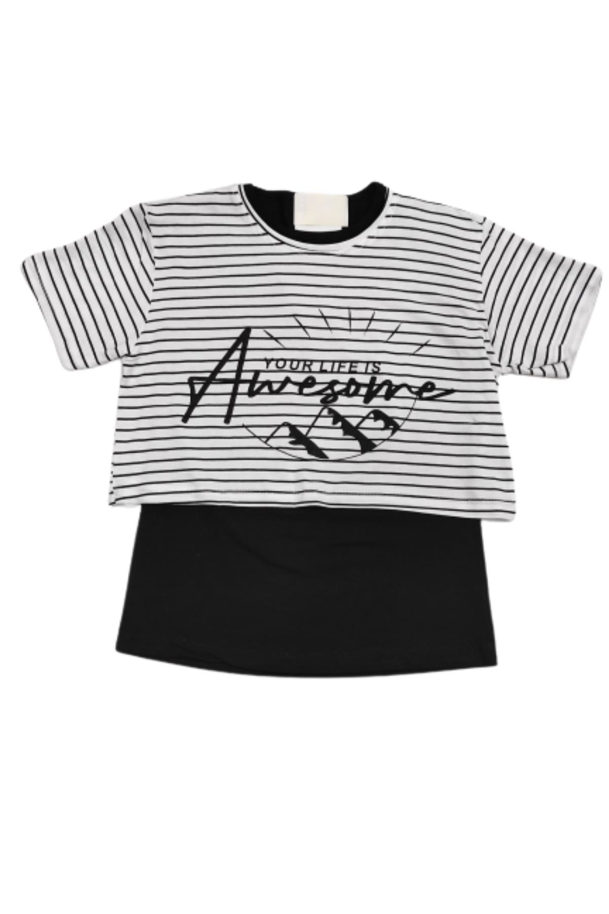 Kız Çocuk Awesome Baskılı İkili T-shirt Beyaz - 8 Yaş