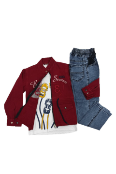 Pundikids Erkek Çocuk Kot Pantolonlu Spor Ceketli 3'lü Takım Bordo - 8 - 9 Yaş