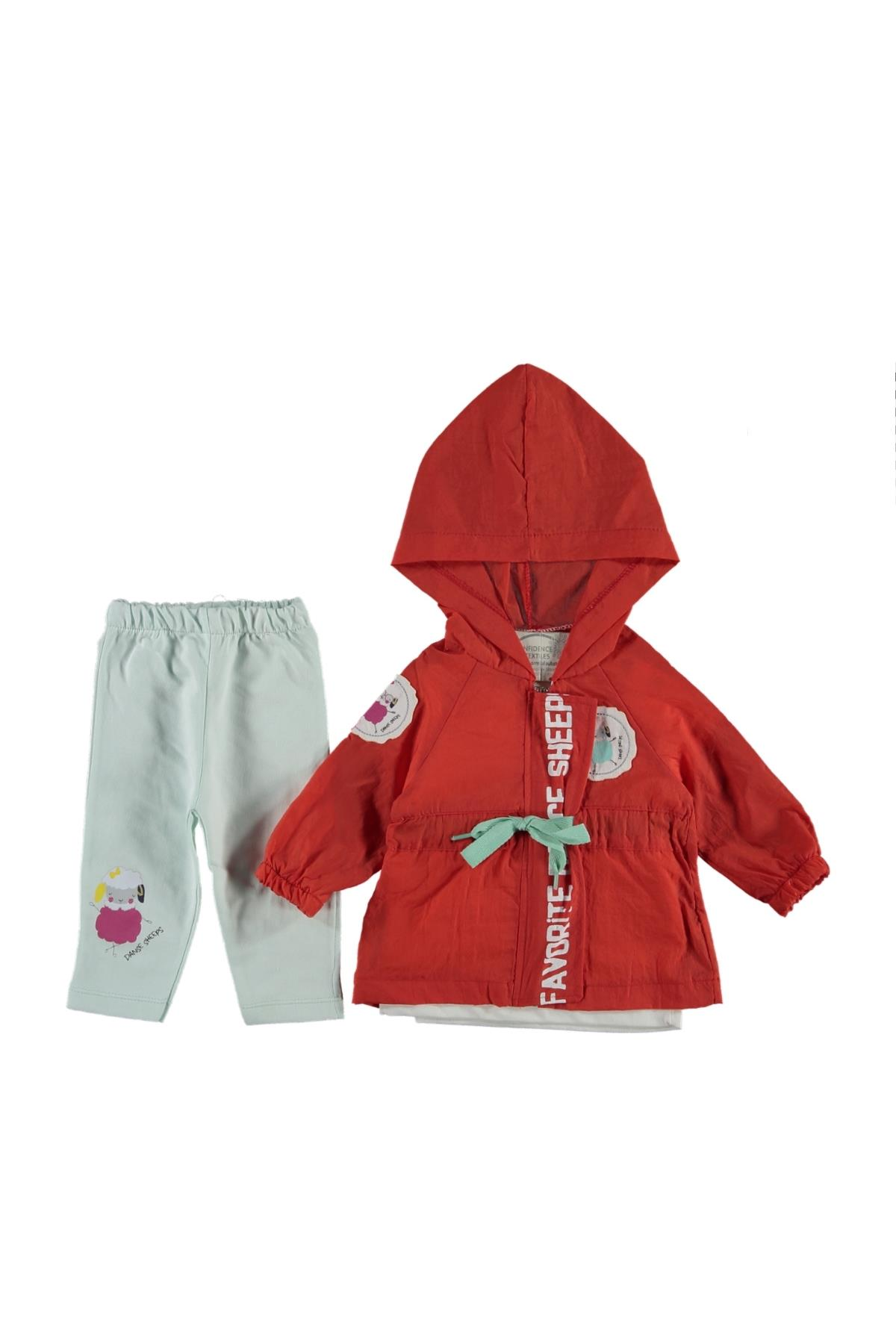 Pundikids Kız Bebek Trençkotlu 3'lü Takım Nar Çiçeği - 6 - 9 Ay