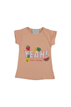 Meyve Baskılı Kız Çocuk T-shirt Somon - 7 Yaş