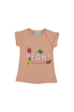 Meyve Baskılı Kız Çocuk T-shirt Somon - 9 yaş