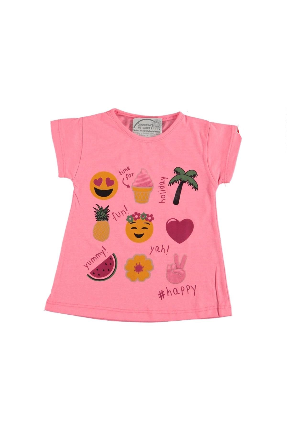Etek Kısmı Geniş Emoji Baskılı Kız Çocuk T-shirt Pembe - 7 - 8 Yaş