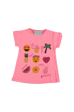 Etek Kısmı Geniş Emoji Baskılı Kız Çocuk T-shirt Pembe - 8 - 9 Yaş