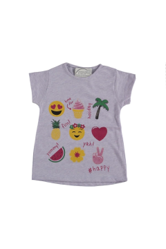 Etek Kısmı Geniş Emoji Baskılı Kız Çocuk T-shirt Lila - 5 - 6 Yaş