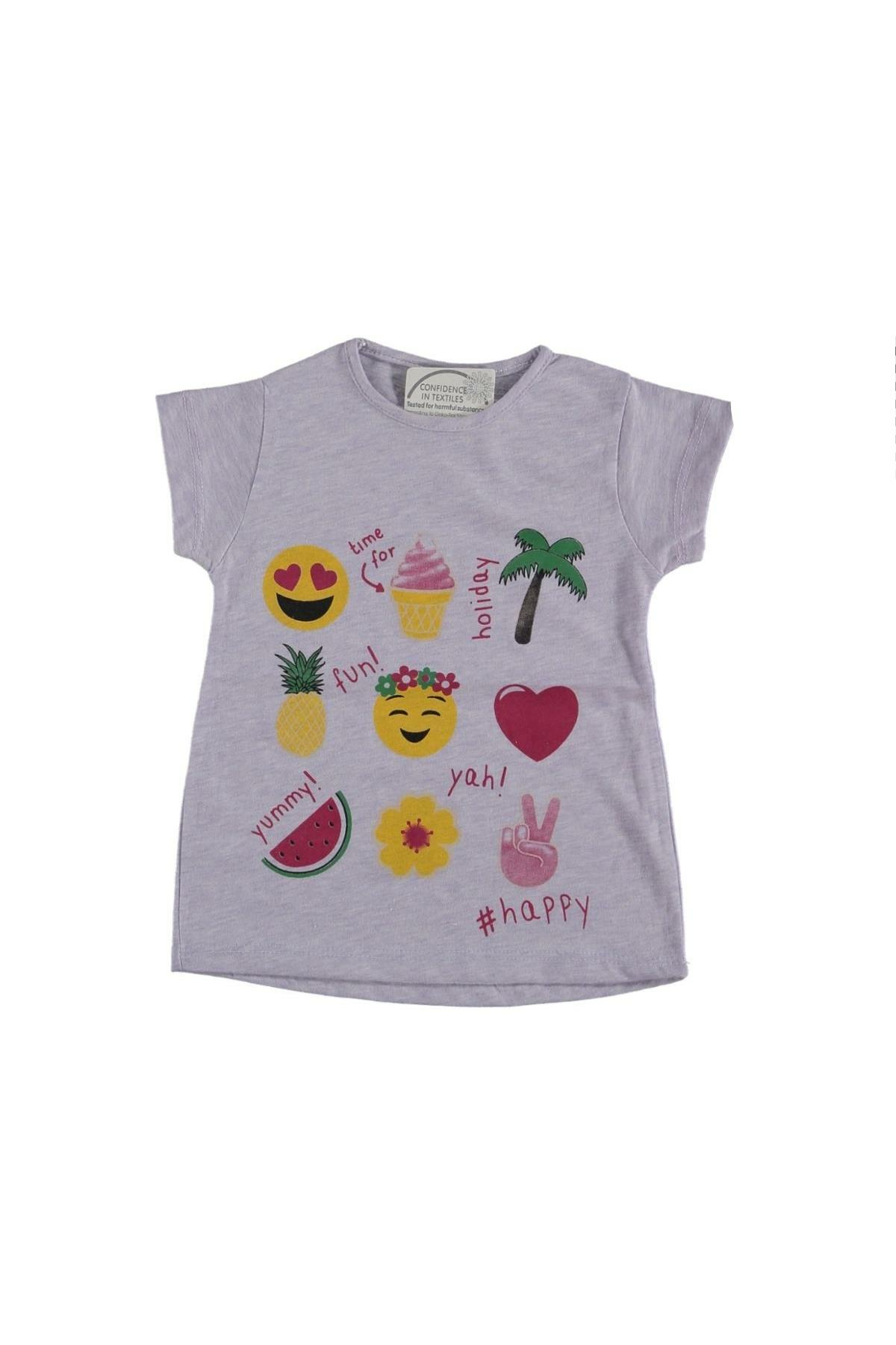 Etek Kısmı Geniş Emoji Baskılı Kız Çocuk T-shirt Lila - 8 - 9 Yaş