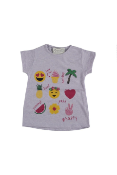 Etek Kısmı Geniş Emoji Baskılı Kız Çocuk T-shirt Lila - 8 - 9 Yaş