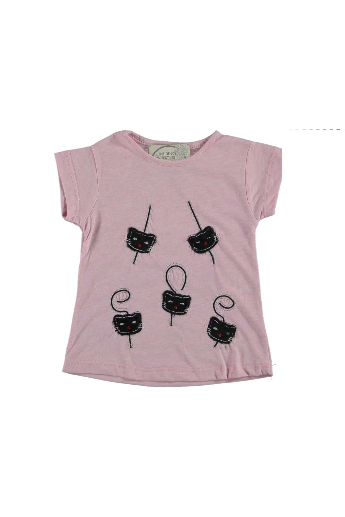 Kız Çocuk Kedi Nakısli T-shirt Pembe - 3 Yaş