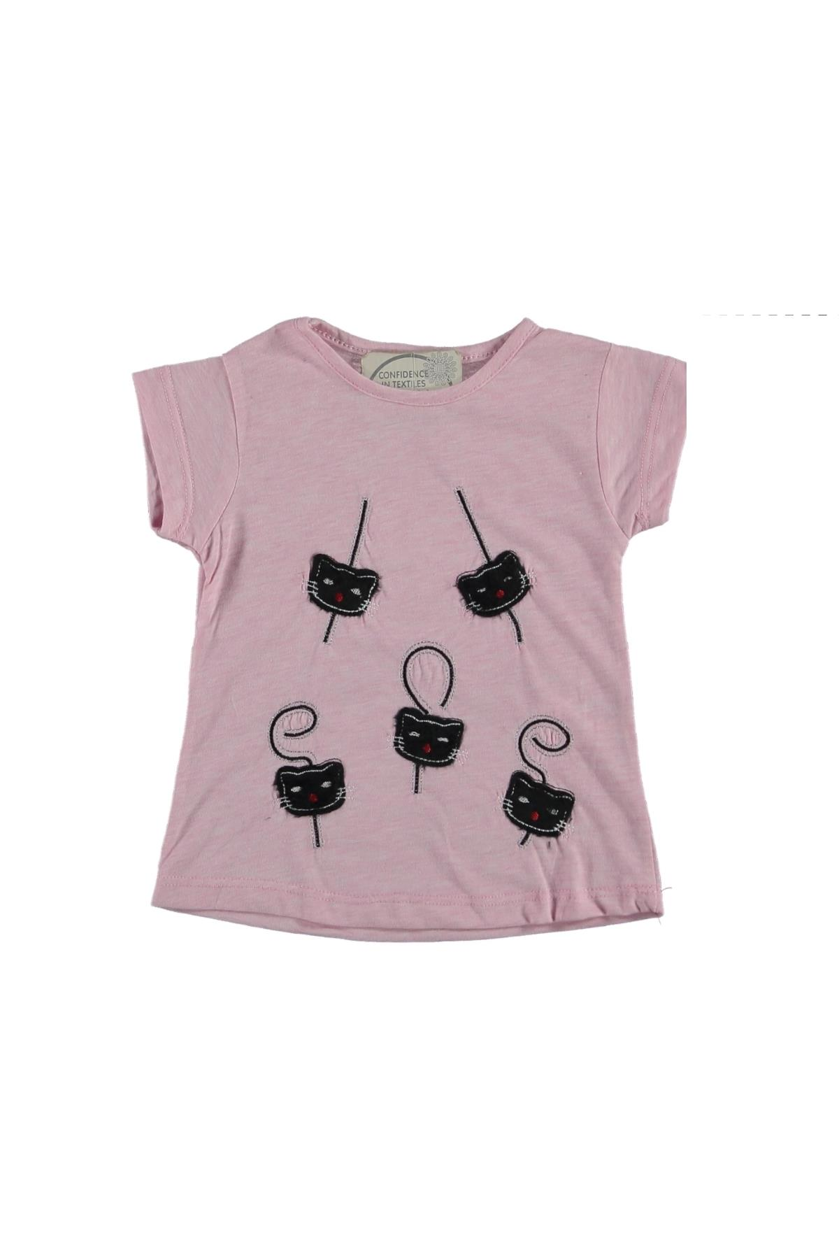 Kız Çocuk Kedi Nakısli T-shirt Pembe - 5 Yaş