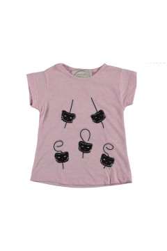 Kız Çocuk Kedi Nakısli T-shirt Pembe - 5 Yaş