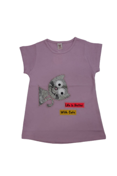 Kız Çocuk Kedi Baskılı T-shirt Lila - 8 Yaş
